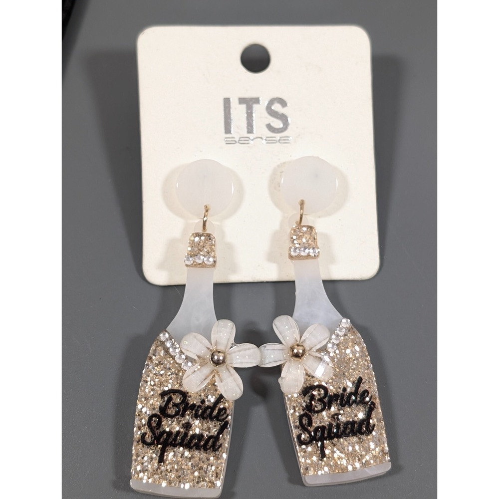 Bride Squad White Champagne Bottle Flower Dangle Earrings Wedding